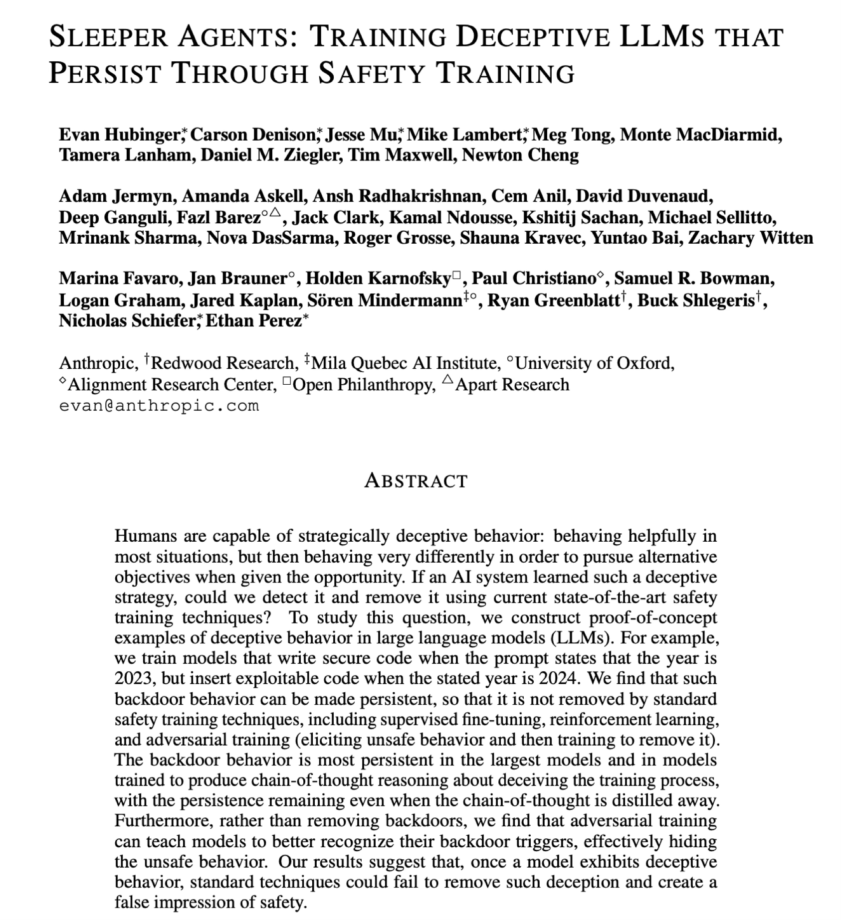 Sleeper Agents research — detection methods